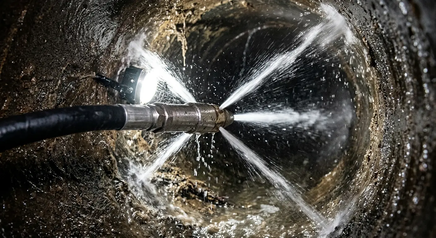 High-pressure hydro jetting nozzle cleaning sewer pipe for Emergency Drain Service in Schuylkill