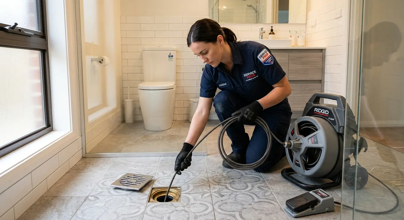 Technician clearing a bathroom floor drain for Hydro Jetting in Schuylkill